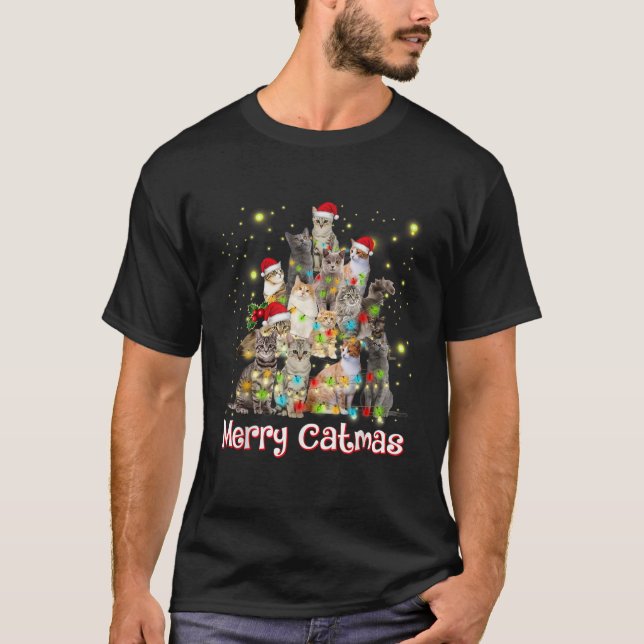 Merry Catmas Cat Lovers Santa Hat Christmas Tree L T-Shirt (Front)