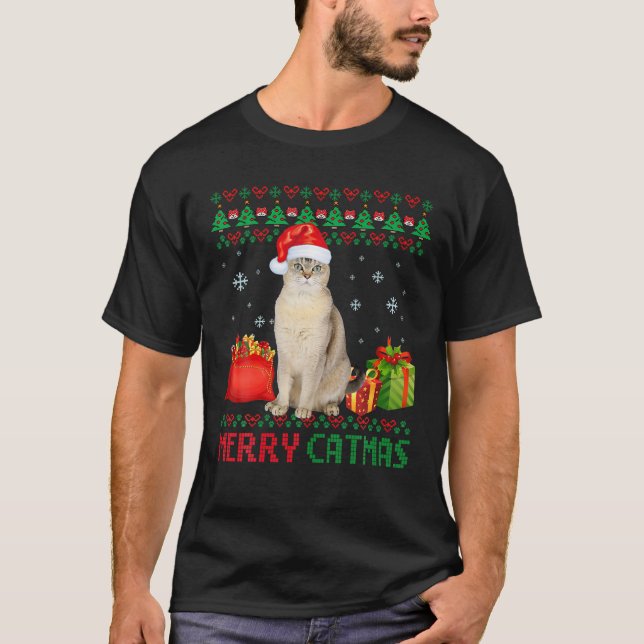 Merry Catmas Cat Ugly Christmas Burmilla Mum Dad T-Shirt (Front)