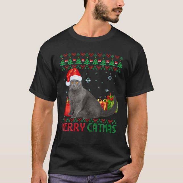 Merry Catmas Cat Ugly Christmas Chartreux Mom Dad T-Shirt (Front)