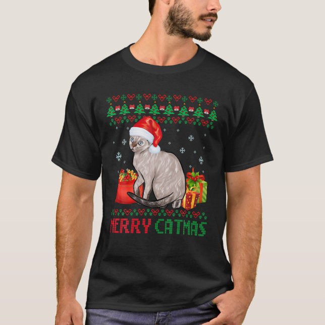 Merry Catmas Cat Ugly Christmas Devon Rex Mum Dad T-Shirt (Front)