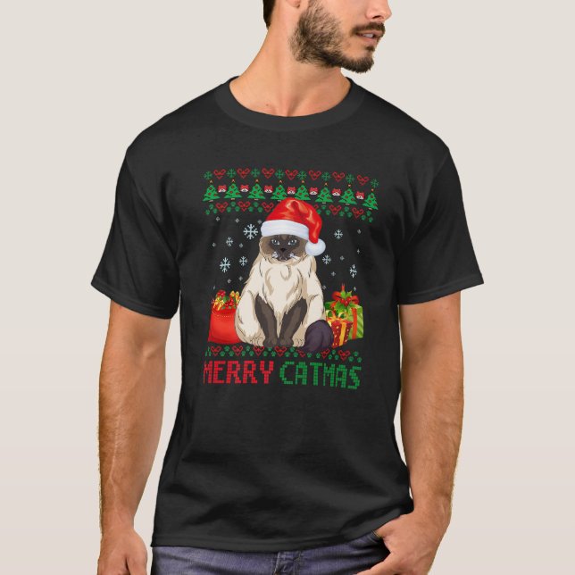 Merry Catmas Cat Ugly Christmas Himalayan Mum Dad T-Shirt (Front)