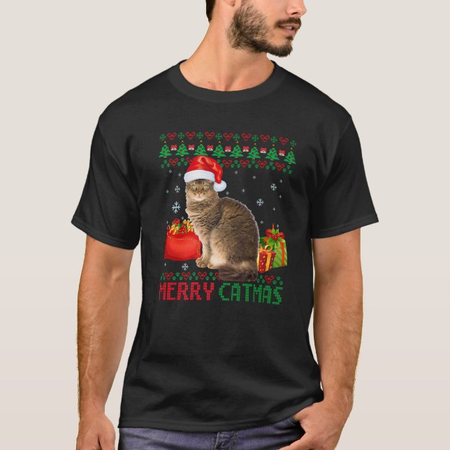 Merry Catmas Cat Ugly Christmas Laperm Cat Mom Dad T-Shirt (Front)