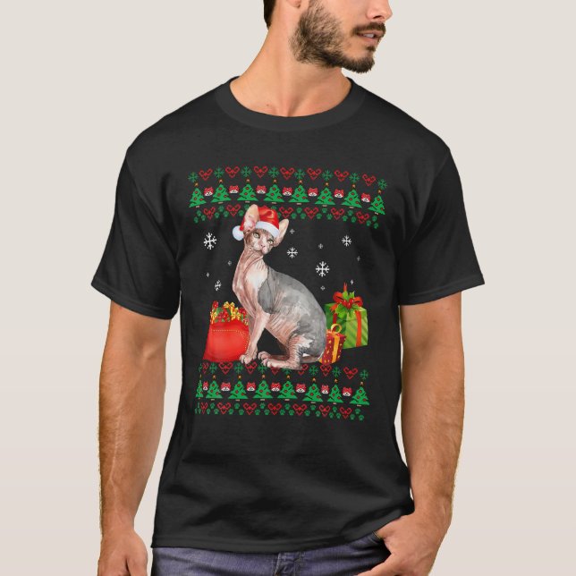 Merry Catmas Cat Ugly Christmas Sphynx Mom Dad T-Shirt (Front)