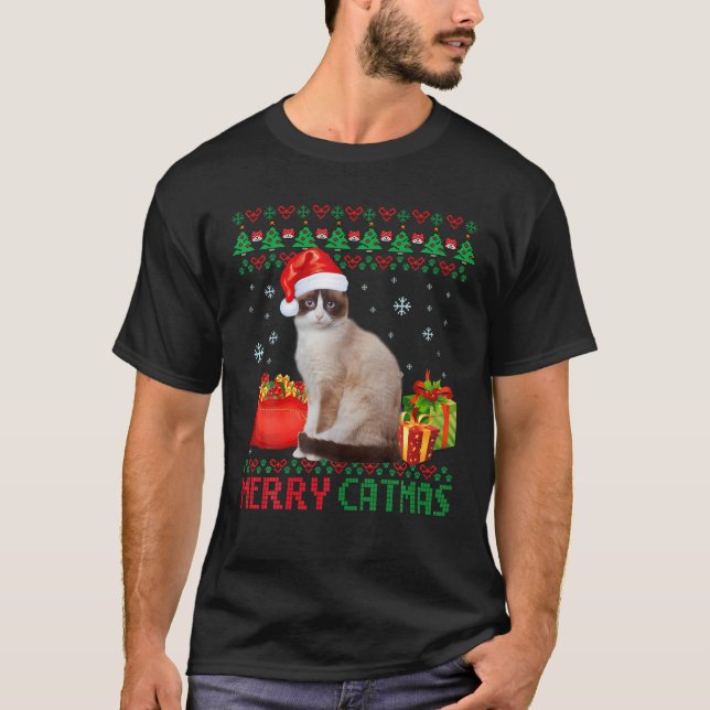 Merry Catmas Cat Ugly Christmas Tonki Mum Dad T-Shirt (Front)