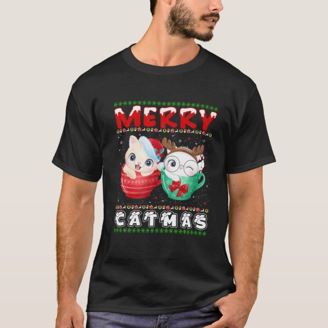 Merry Catmas Cat Ugly Funny Cat Christmas Cat Love T-Shirt (Front)