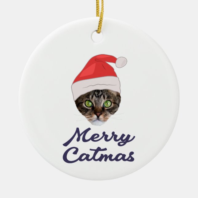 Merry Catmas, Christmas Cat Santa hat Invitation Ceramic Tree Decoration (Front)