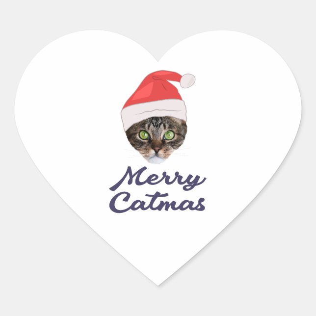 Merry Catmas, Christmas Cat Santa hat Invitation P Heart Sticker (Front)