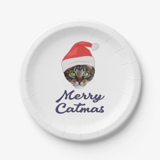 Merry Catmas, Christmas Cat Santa hat Invitation Paper Plate (Front)