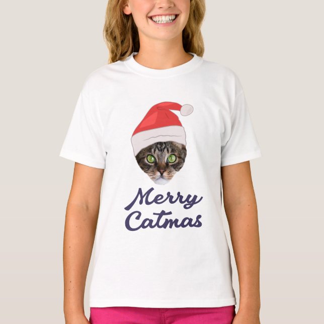 Merry Catmas, Christmas Cat Santa hat Invitation T-Shirt (Front)