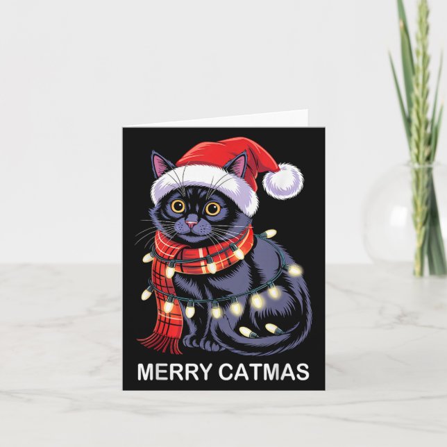 Merry Catmas Christmas Lights Cat Santa Hat Xmas M Card (Front)