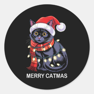 Merry Catmas Christmas Lights Cat Santa Hat Xmas M Classic Round Sticker