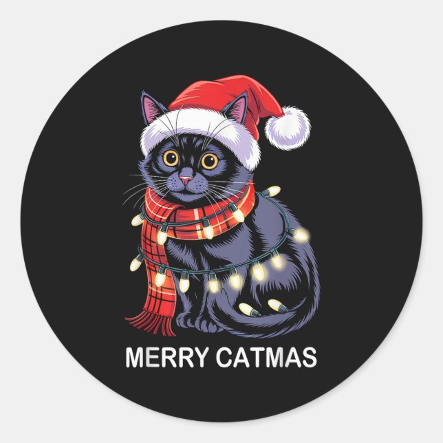 Merry Catmas Christmas Lights Cat Santa Hat Xmas M Classic Round Sticker (Front)