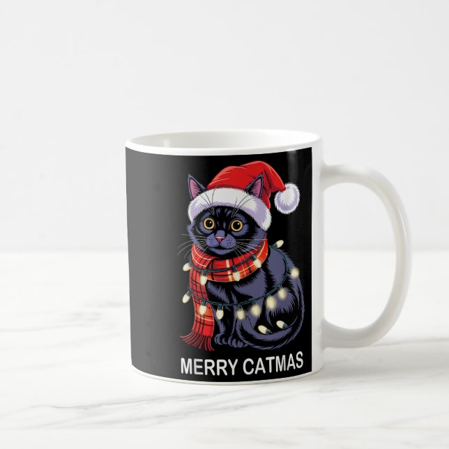 Merry Catmas Christmas Lights Cat Santa Hat Xmas M Coffee Mug (Right)