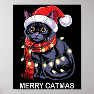 Merry Catmas Christmas Lights Cat Santa Hat Xmas M Poster
