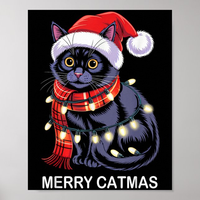 Merry Catmas Christmas Lights Cat Santa Hat Xmas M Poster (Front)