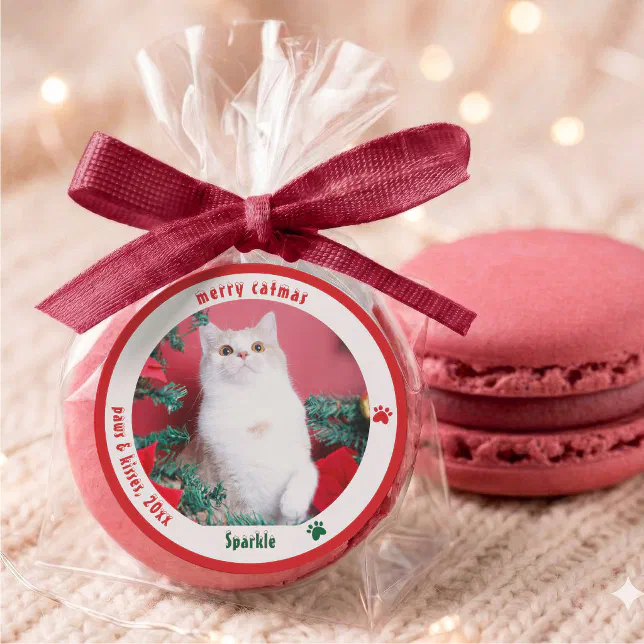 Merry Catmas Custom Pet Photo Christmas Labels | Zazzle