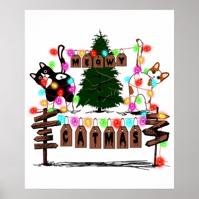 MERRY CATMAS, Cute Cat Christmas Gift, X-mas Cat Poster (Front)