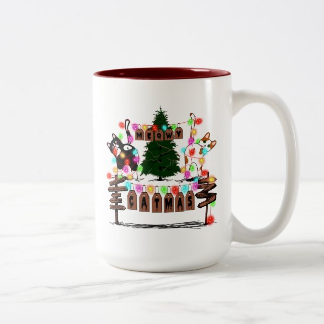 MERRY CATMAS, Cute Cat Christmas Gift, X-mas Cat Two-Tone Coffee Mug (Right)