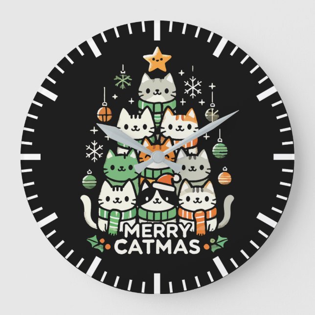 Merry Catmas Cute Cat Christmas Tree Holiday Large Clock (Front)