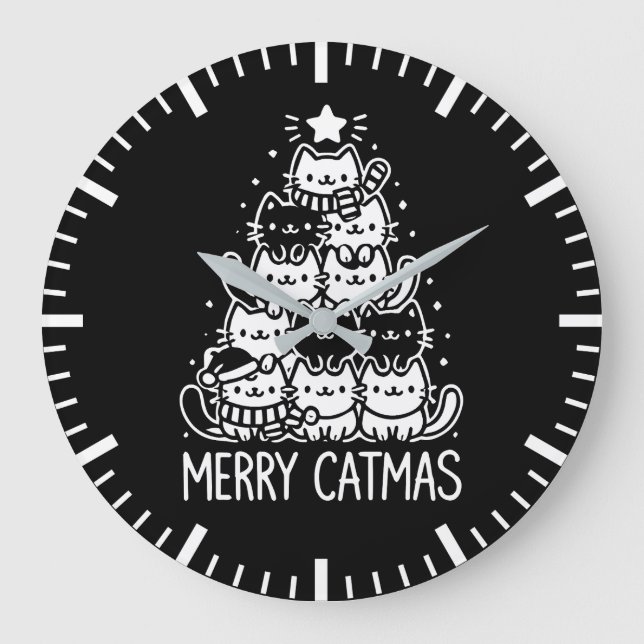 Merry Catmas Cute Cat Christmas Tree Holiday Large Clock (Front)