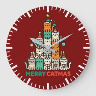 Merry Catmas Cute Cat Christmas Tree Holiday Large Clock