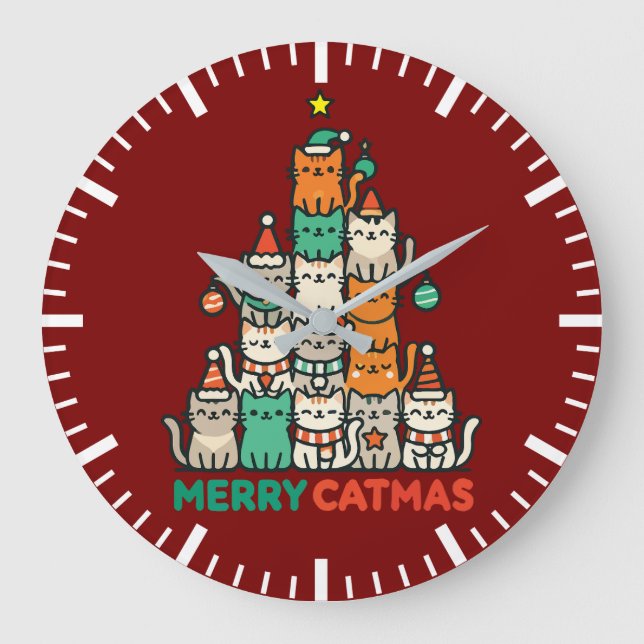 Merry Catmas Cute Cat Christmas Tree Holiday Large Clock (Front)
