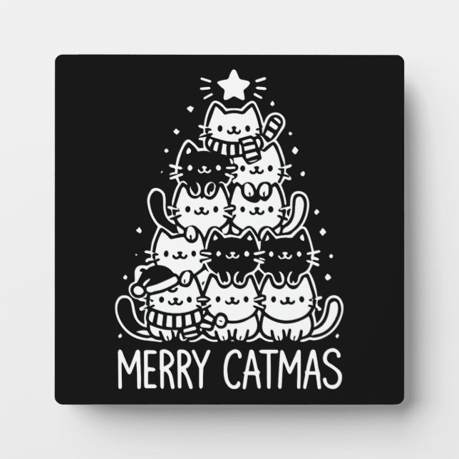 Merry Catmas Cute Cat Christmas Tree Holiday Plaque (Front)