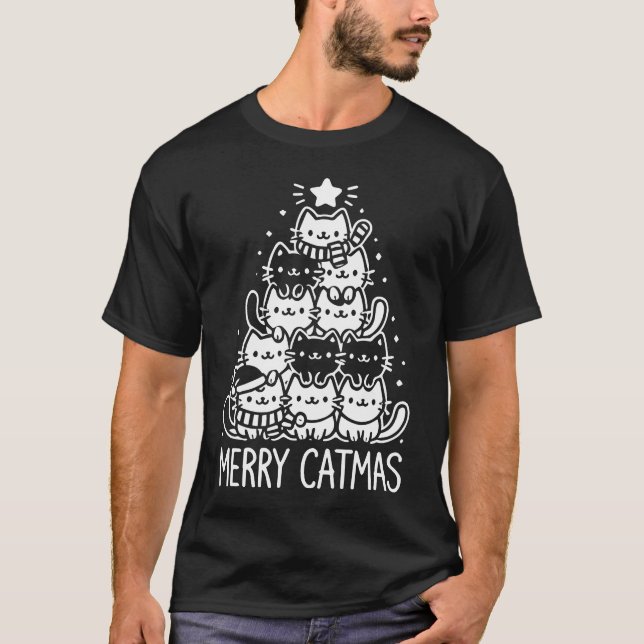 Merry Catmas Cute Cat Christmas Tree Holiday T-Shirt (Front)
