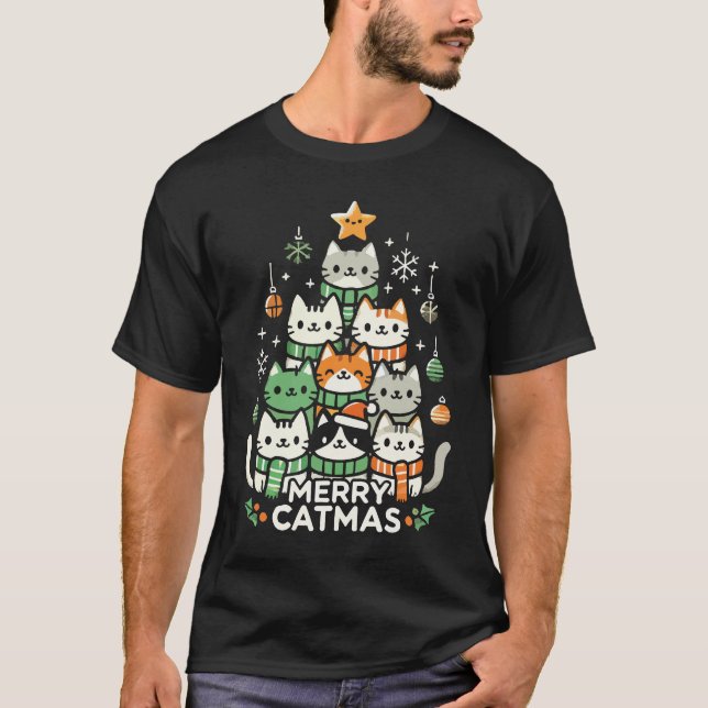 Merry Catmas Cute Cat Christmas Tree Holiday T-Shirt (Front)