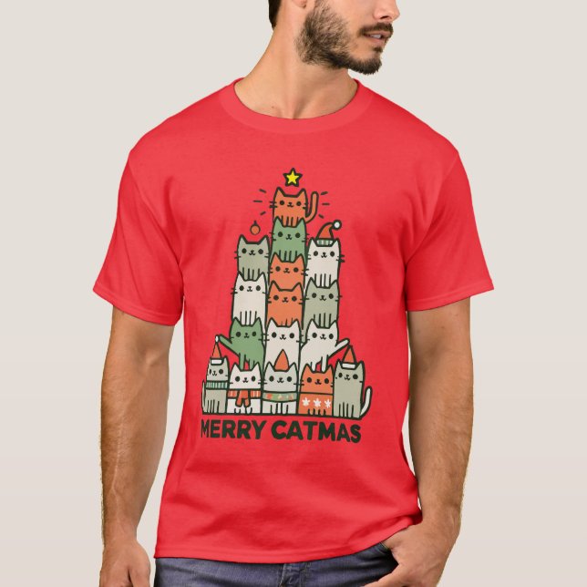 Merry Catmas Cute Cat Christmas Tree Holiday T-Shirt (Front)