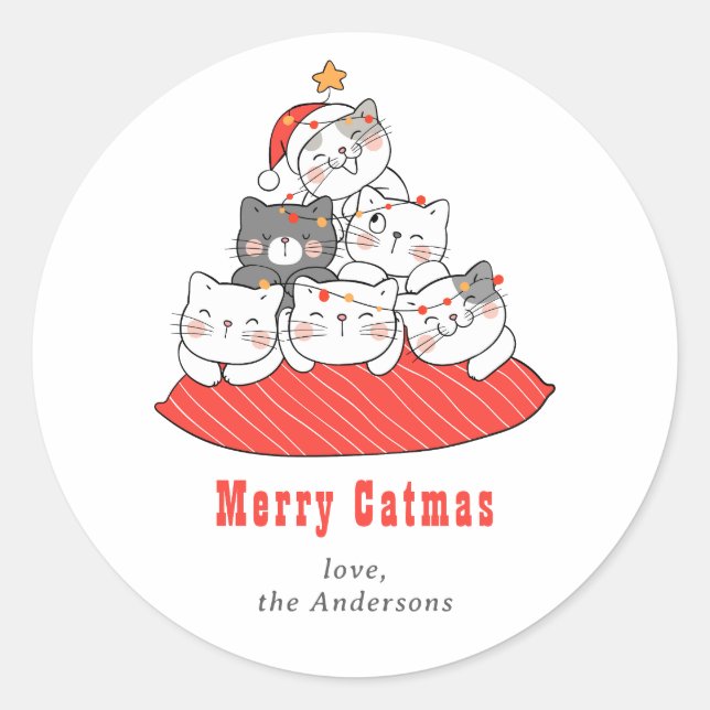 Merry Catmas Cute Cats Holiday Personalized  Classic Round Sticker (Front)