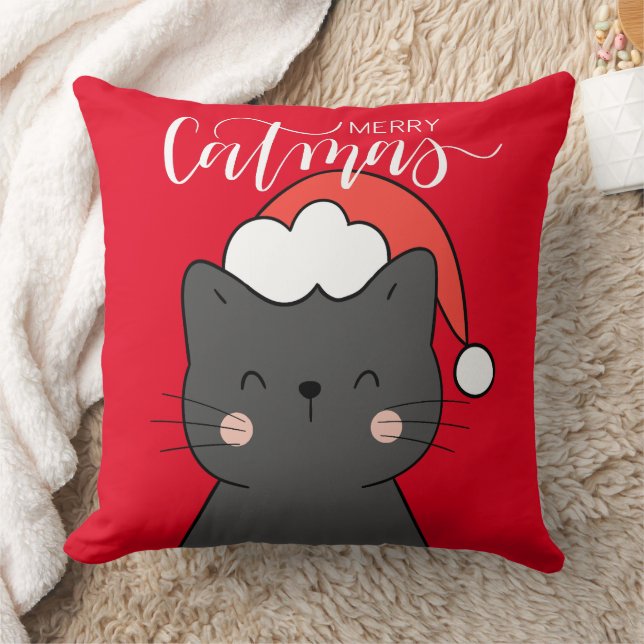 Merry Catmas Cute Santa Cat Christmas Cushion (Blanket)