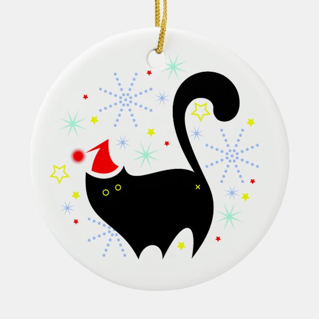 Merry Catmas Festive Black Cat Santa Hat Christmas Ceramic Tree Decoration (Front)