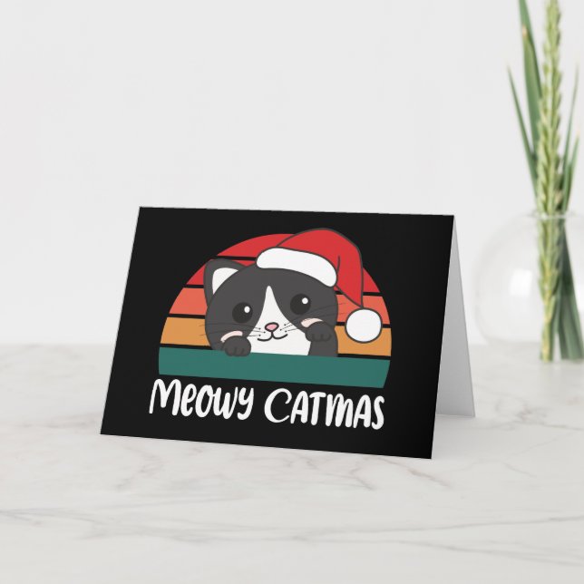 Merry Catmas Funny Cat Christmas Pun Holiday Card (Front)