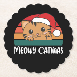 Merry Catmas Funny Cat Christmas Pun Paper Coaster