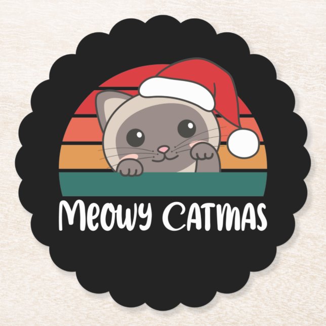 Merry Catmas Funny Cat Christmas Pun Paper Coaster (Front)
