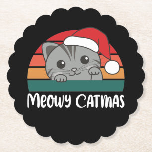 Merry Catmas Funny Cat Christmas Pun Paper Coaster