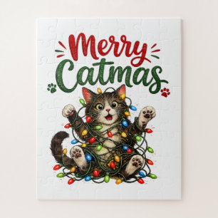 Merry Catmas Funny Cat Christmas Tree Lights Xmas Jigsaw Puzzle