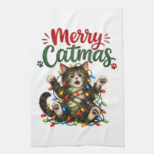 Merry Catmas Funny Cat Christmas Tree Lights Xmas Tea Towel