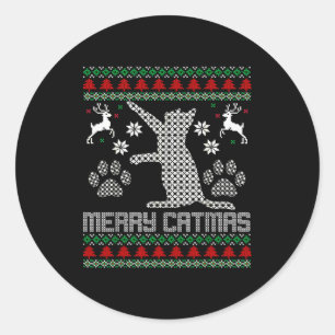 Merry Catmas Funny Cat Christmas Ugly Sweater Men Classic Round Sticker