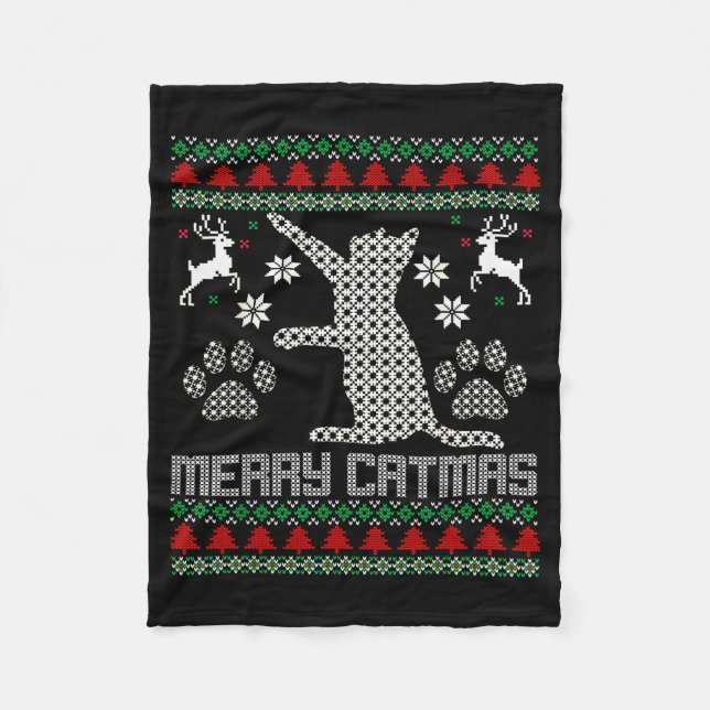 Merry Catmas Funny Cat Christmas Ugly Sweater Men  Fleece Blanket (Front)
