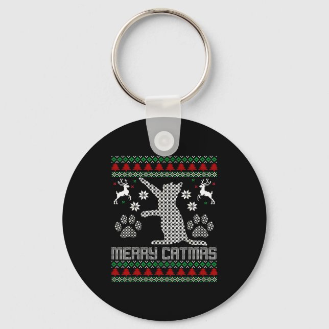 Merry Catmas Funny Cat Christmas Ugly Sweater Men  Key Ring (Front)