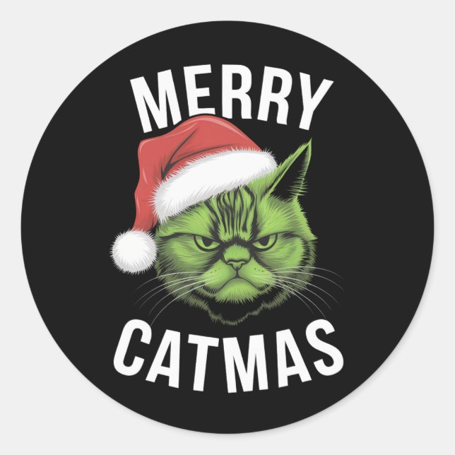 Merry Catmas Funny Cat Lovers Christmas  Classic Round Sticker (Front)