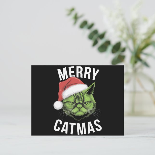 Merry Catmas Funny Cat Lovers Christmas  Holiday Postcard (Standing Front)