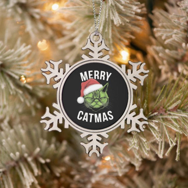 Merry Catmas Funny Cat Lovers Christmas  Snowflake Pewter Christmas Ornament (Tree)