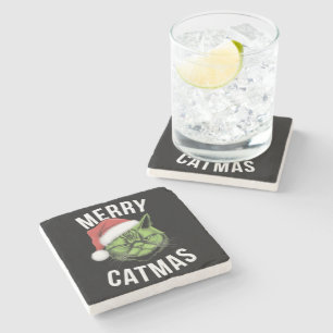 Merry Catmas Funny Cat Lovers Christmas  Stone Coaster