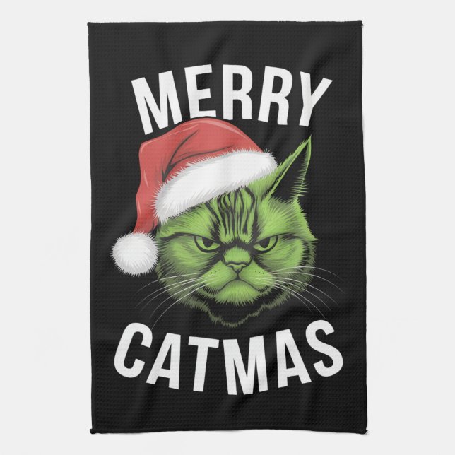 Merry Catmas Funny Cat Lovers Christmas  Tea Towel (Vertical)