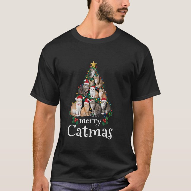 Merry Catmas Funny Cat Mum Cat Dad Christmas Tree  T-Shirt (Front)