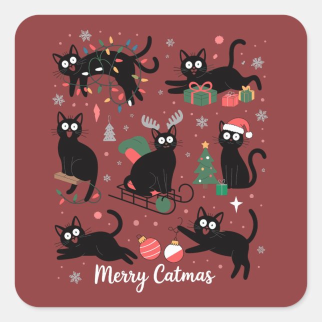 Merry Catmas Funny Christmas Black Cat Lover Square Sticker (Front)