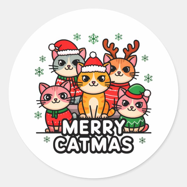 Merry Catmas Funny Christmas Classic Round Sticker (Front)